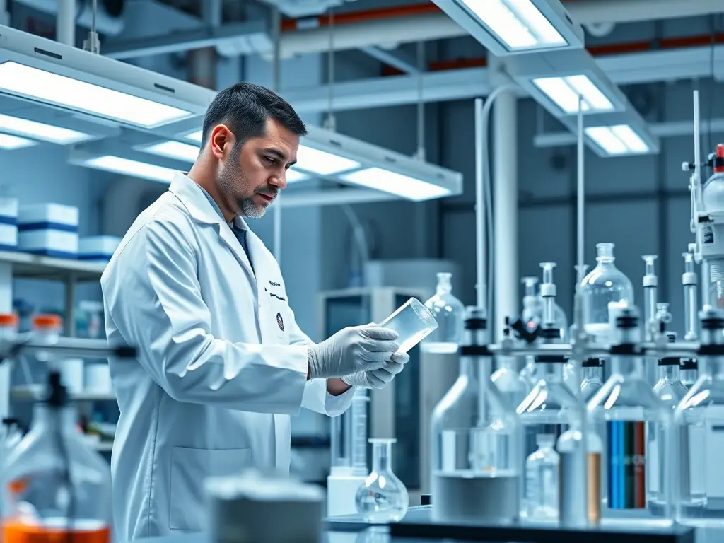 A laboratory setting with a scientist using helium gas for cryogenic research, showcasing its applications in advanced scientific fields.
