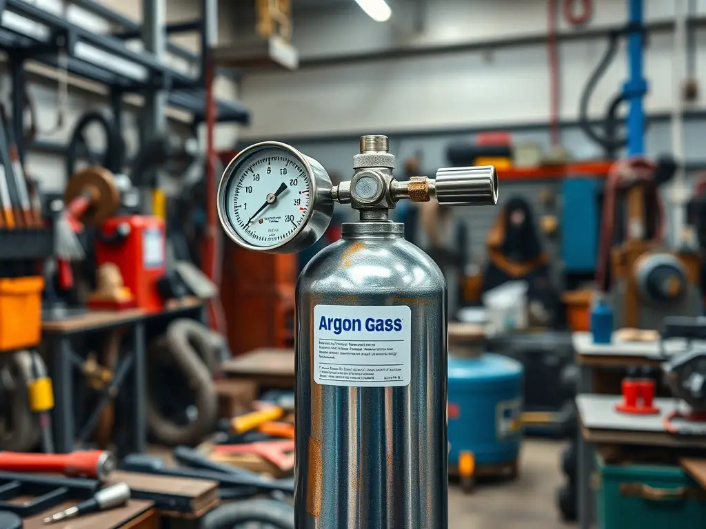 A high-pressure cylinder of argon gas with a pressure gauge attached, set against a backdrop of a modern welding workshop, symbolizing precision and efficiency.