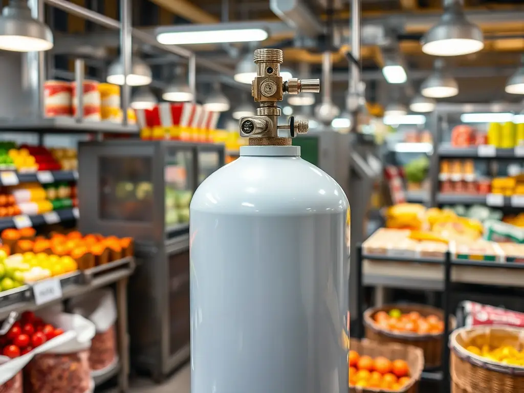 A close-up shot of a nitrogen gas tank in a food processing plant, highlighting its role in preserving freshness and extending shelf life.